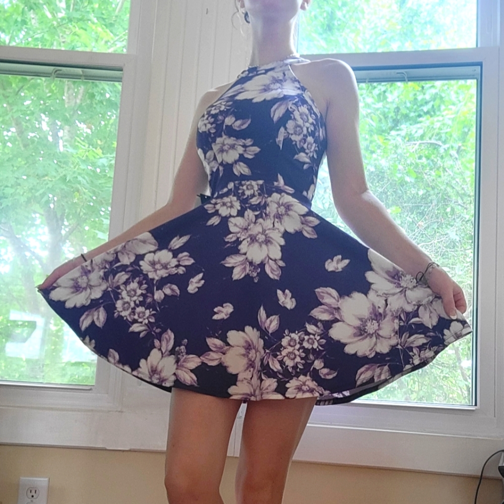 Purple Dillard's Halter Dress with Lace-Up Back